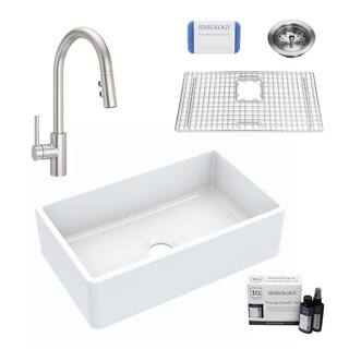 SINKOLOGY Inspire All-in-One Fireclay 30 in. Single Bowl Farmhouse Apron Front Kitchen Sink with Pfister Stellen Faucet and Drain SK404-30-SAS