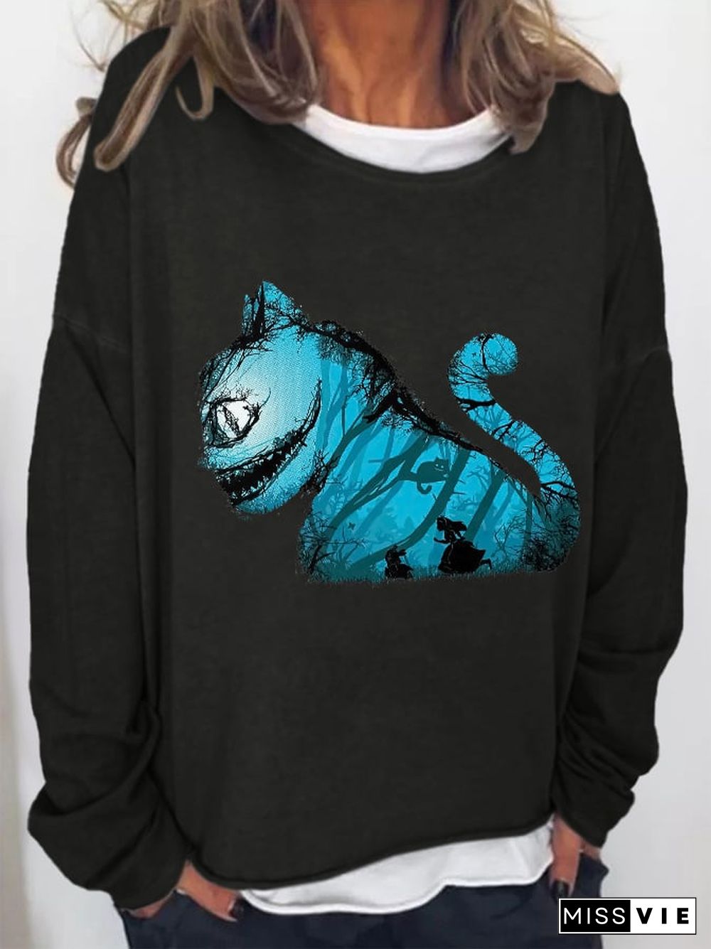 Retro Halloween Cat Print Sweatshirt