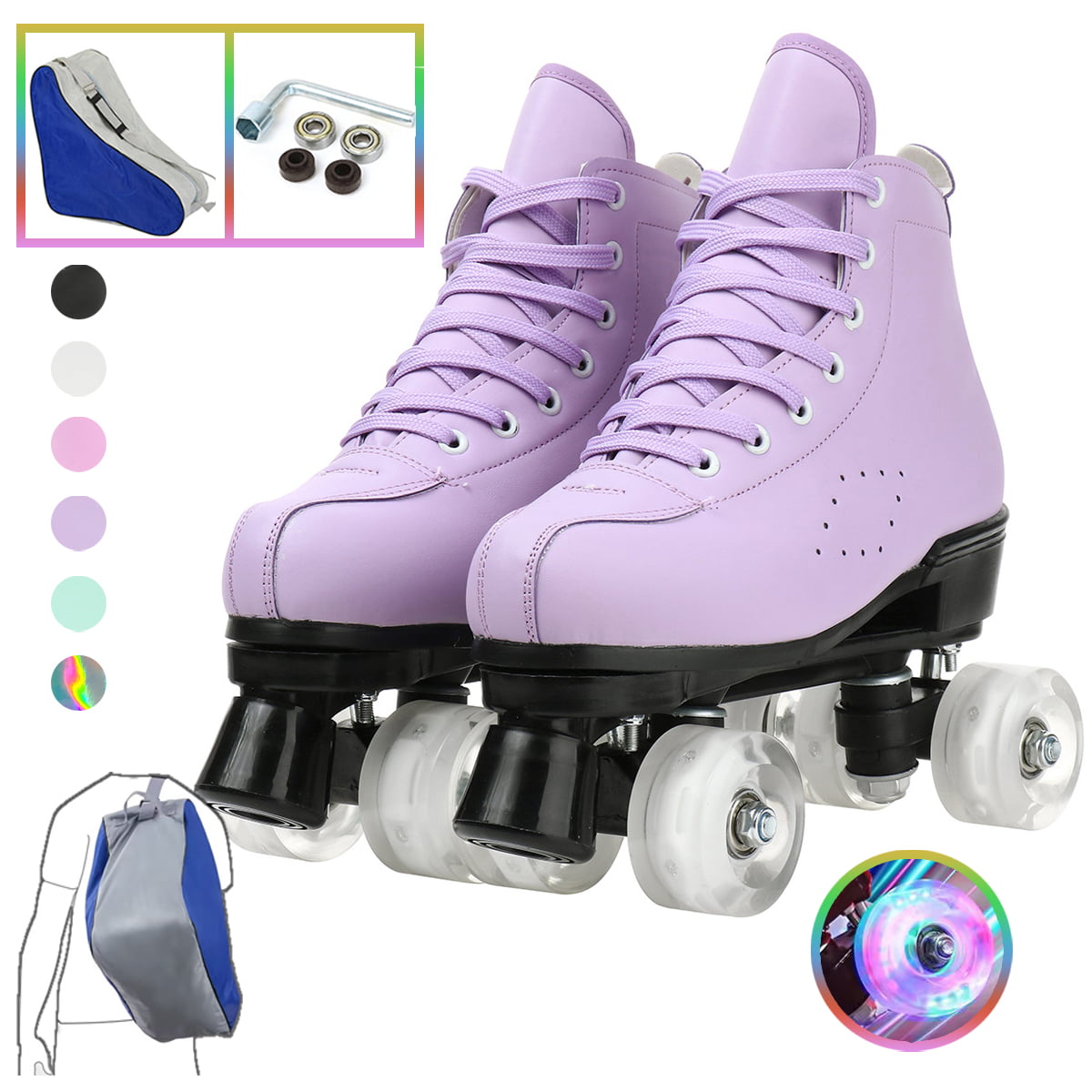 PU Leather Roller Skates， High-Top Design， Roller Artistic with Double-Row Shiny Wheels for Women and Men， Purple， Size 6.5