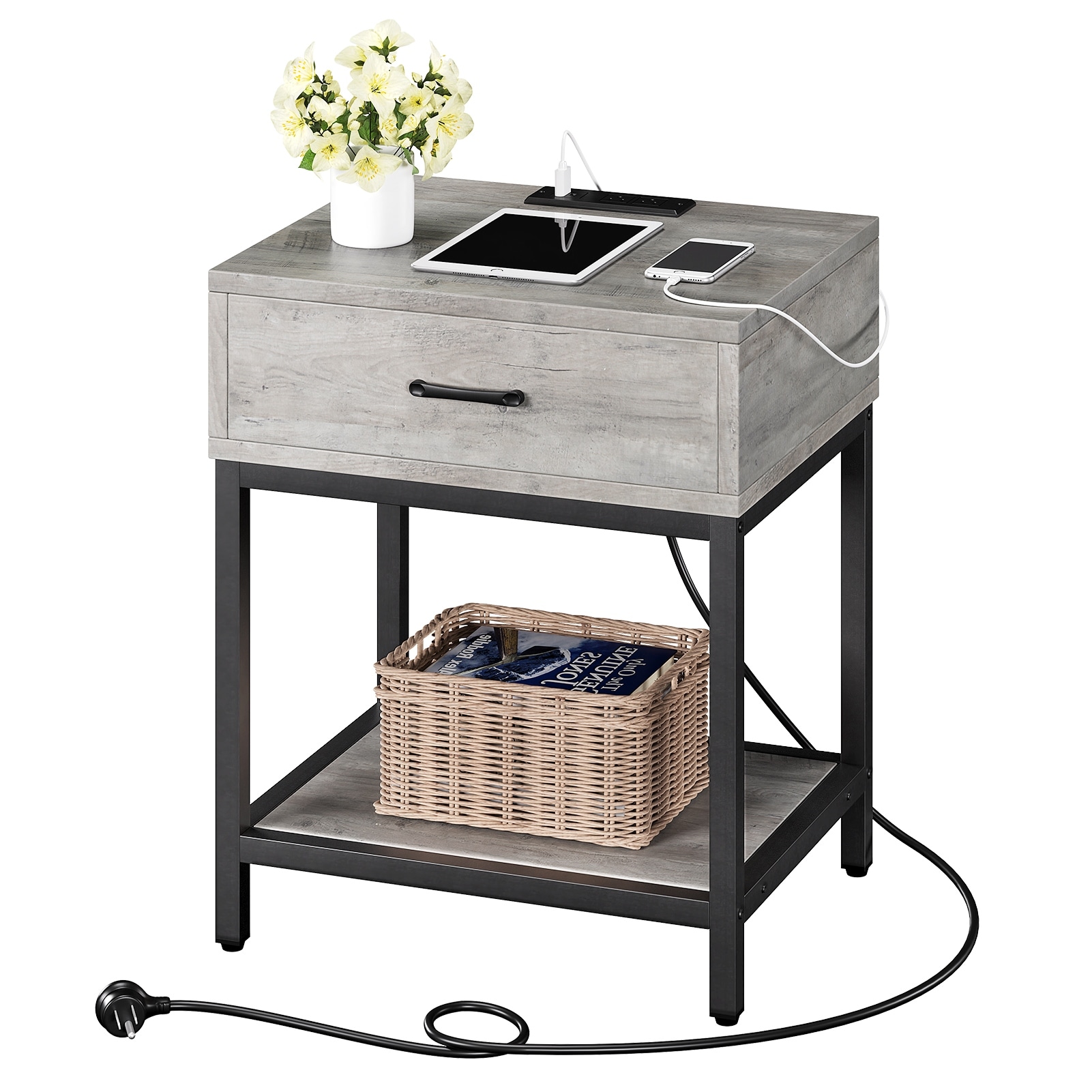 Nightstand-Bedside Table with Charging Station Type-CandUSB Ports， Modern End Table