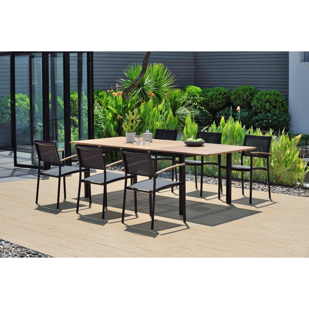 Toledo Rectangular and Extendable Black 7 Piece Patio Dining Set with Teak Finish by Amazonia