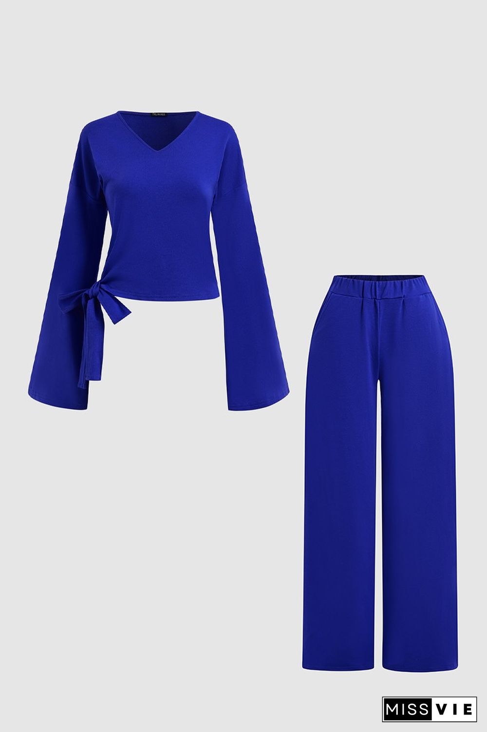 Solid Tie Hem Lantern Sleeve Top & Pants Set