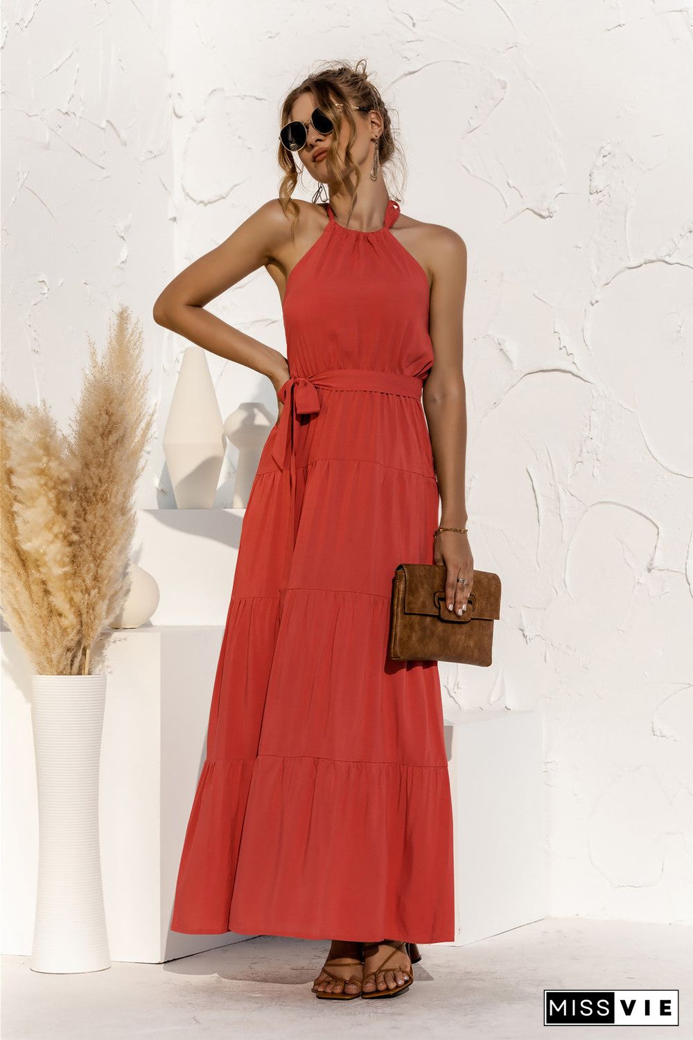 Tie Waist Round-Neck Spaghetti Strap Backless Maxi Dress