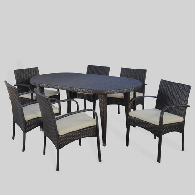 Carter 7pc Wicker Patio Dining Set All weather Iron Frame Cushioned Chairs Christopher Knight Home