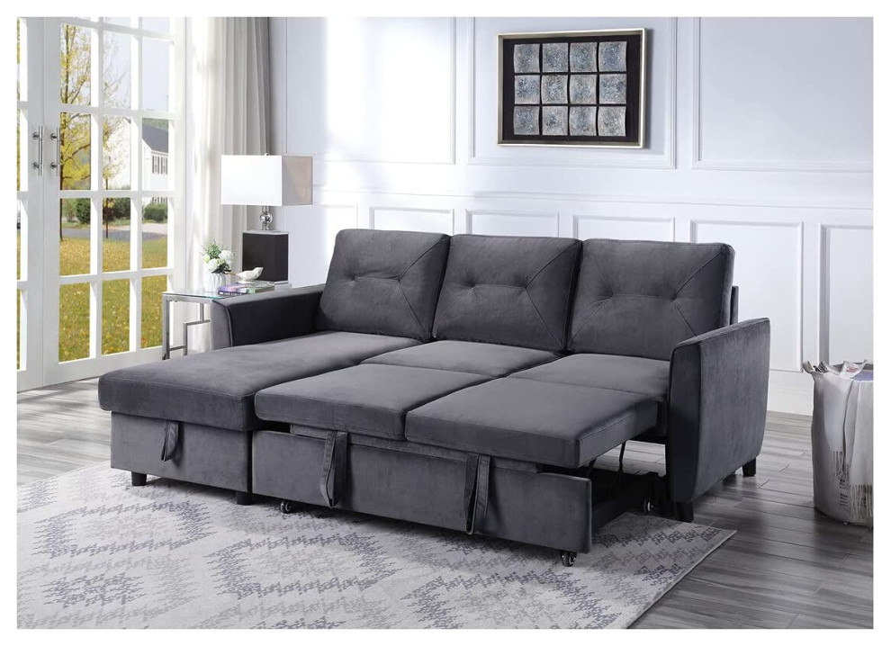 Sectional Sleeper Sofa  Grey Velvet Seat With Slightly Tufted Back Cushions   Transitional   Sleeper Sofas   by Decor Love  Houzz