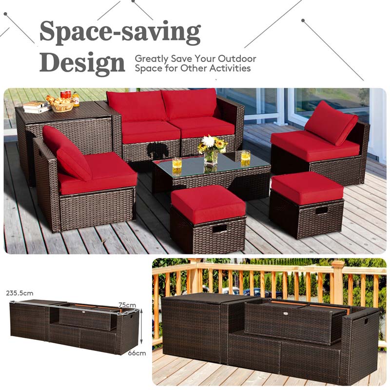 8 Pcs Rattan Patio Sectional Sofa Set with Storage Box & Waterproof Cover