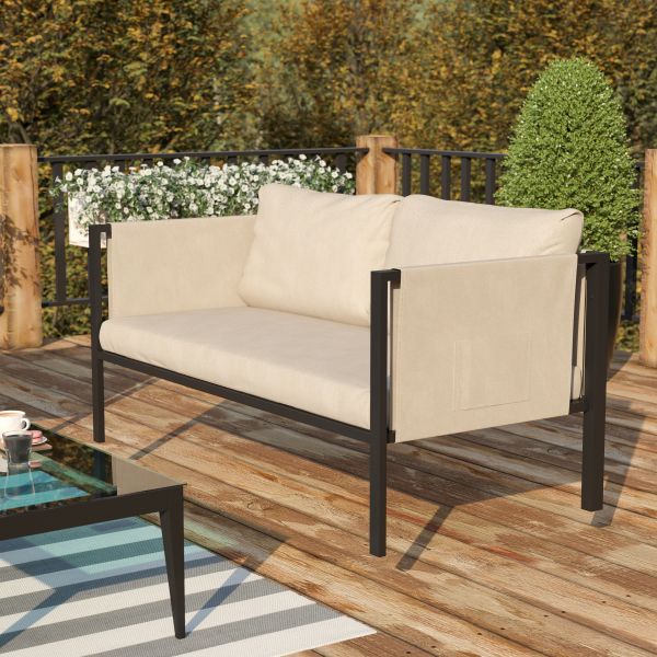 Lea Indoor/Outdoor Loveseat with Cushions - Modern Steel Framed Chair with Storage Pockets， Black with Beige Cushions