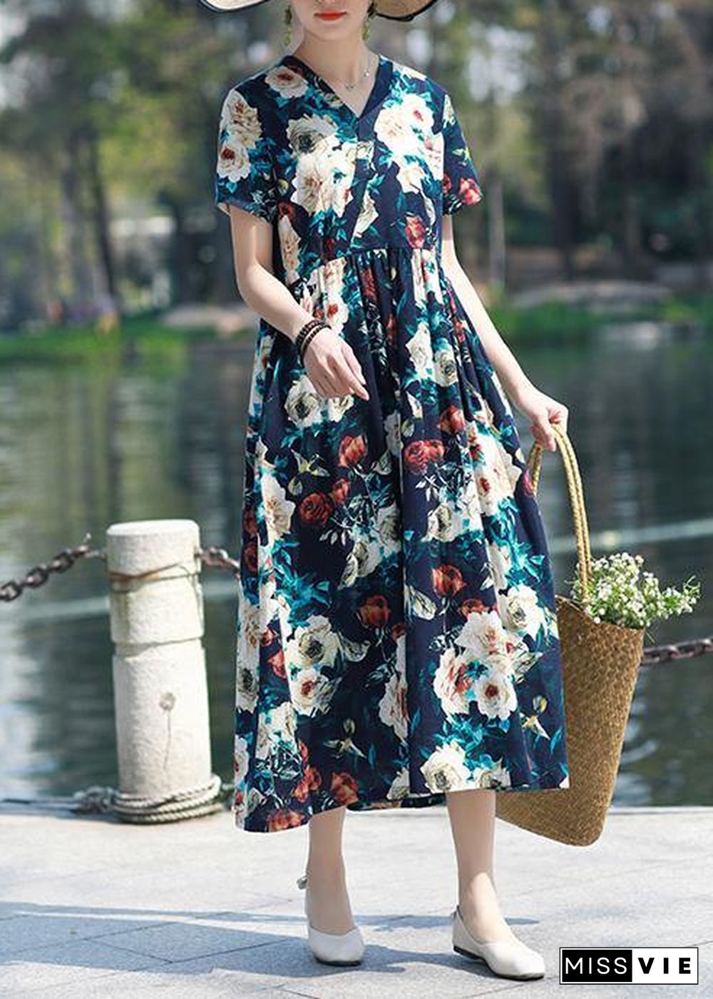 DIY v neck pockets cotton linen outfit Work Outfits navy print Dresses summer