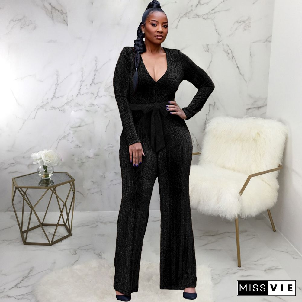 High Stretch Lurex V-neck Low-cut Wide-leg Jumpsuits