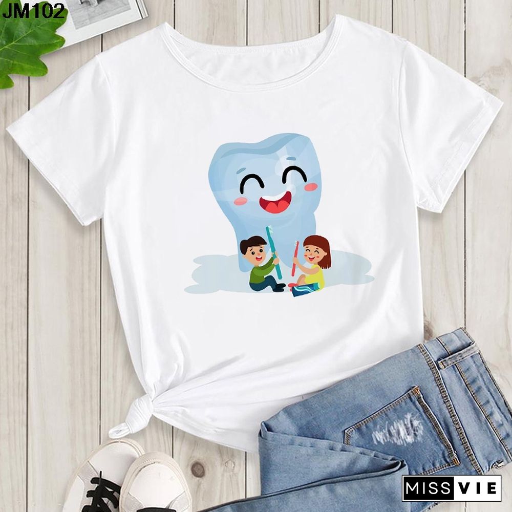 Aesthetic Funny Tooth Dentist Print Female Clothing T-shirt 90s Harajuku Kawaii O-neck Tshirt Summer Fashion Women's Top T Shirt