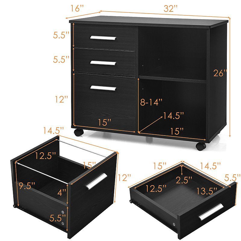 3-drawer Mobile Lateral File Cabinet Printer Stand