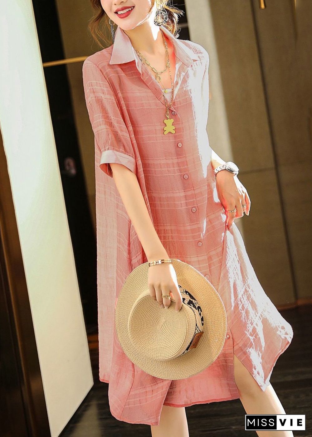 Pink Patchwork Cotton Shirt Dresses Two Piece Set Wrinkled Summer