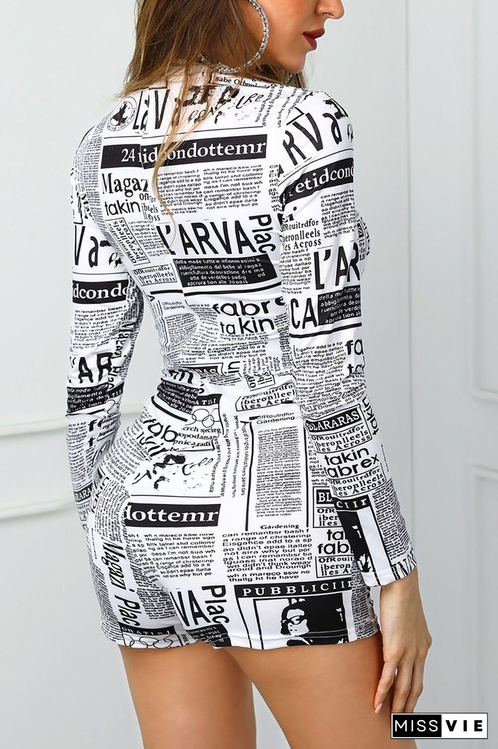 Long Sleeve Newspaper Print Romper