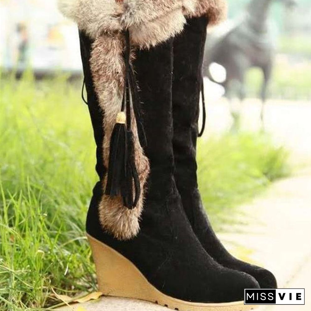 Women Plus Size Vintage Fringe Plush Warm Wedge Heel Block Heel Snow Boots