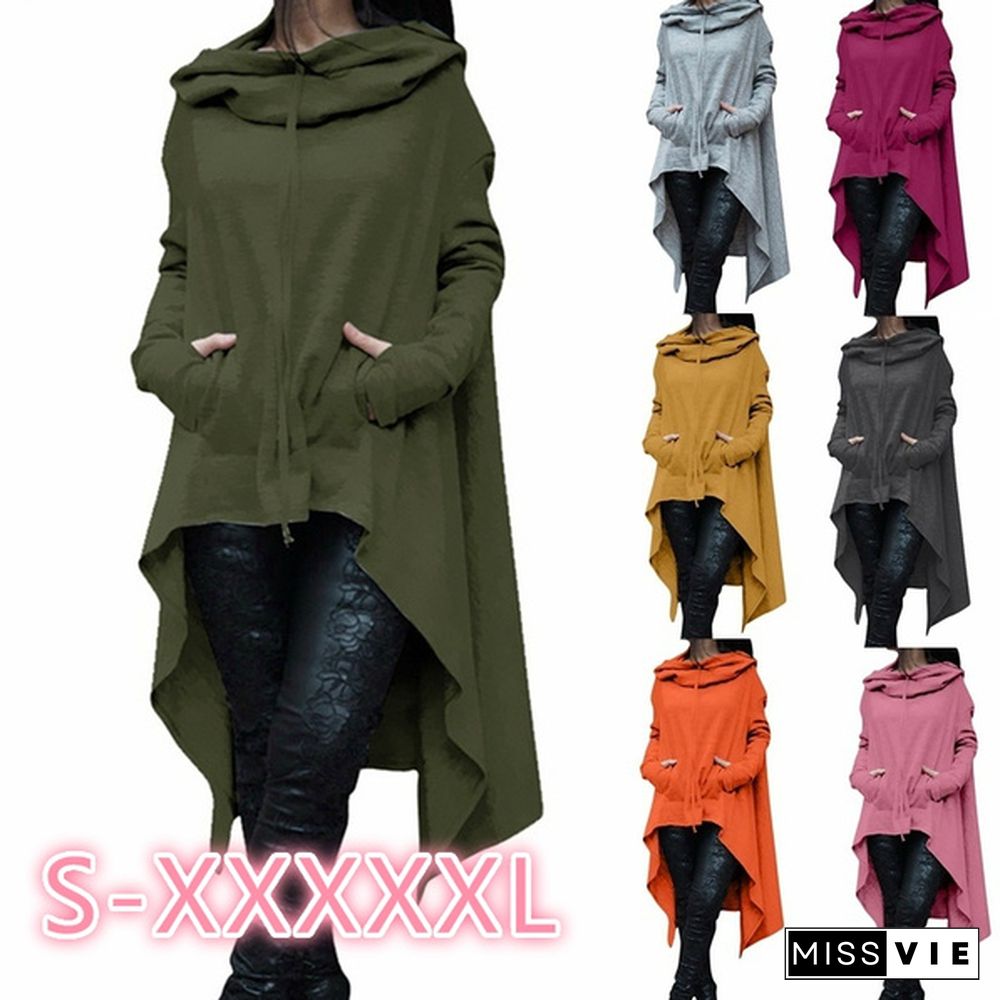 Womens Solid Color Draw Cord Coat Long Sleeve Loose Casual Long Hoodies Sweatshirts Poncho Coat Hooded Pullover