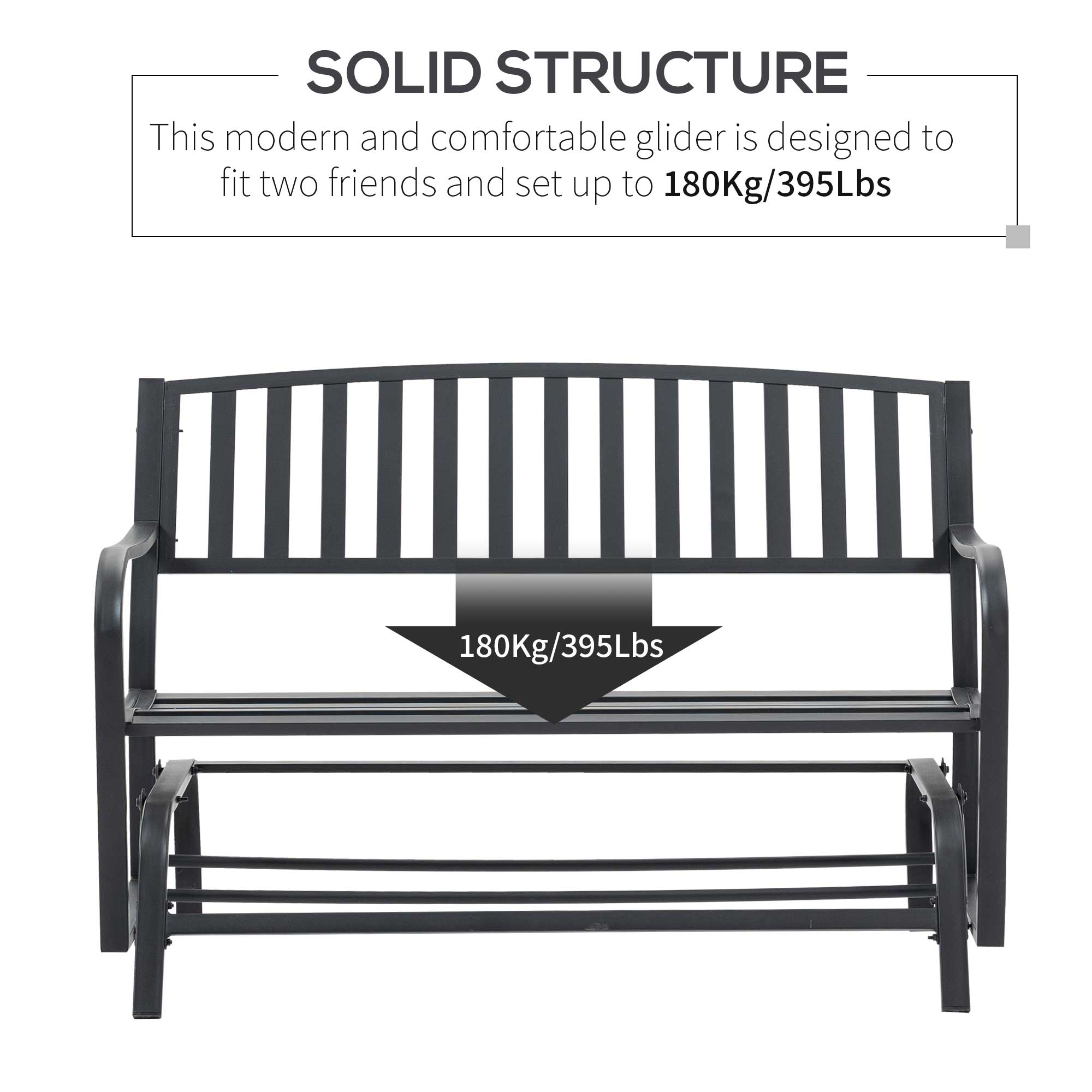 Outsunny Bench Glider Gliding Chair Outdoor Patio Garden Furniture Deck Loveseat, Black