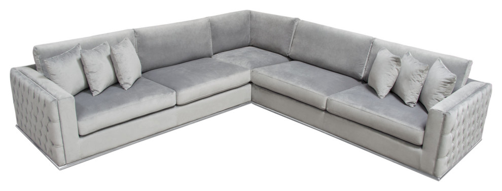 Envy 3 Piece Sectional  Platinum Gray Velvet With Detail and Silver Metal Trim   Contemporary   Sectional Sofas   by HedgeApple  Houzz