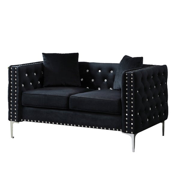 2 Piece Modern Velvet Upholstered Sofa Set Tufted Back Sofa and Loveseat with Jeweled Buttons and Nailheads， 4 Pillows Included