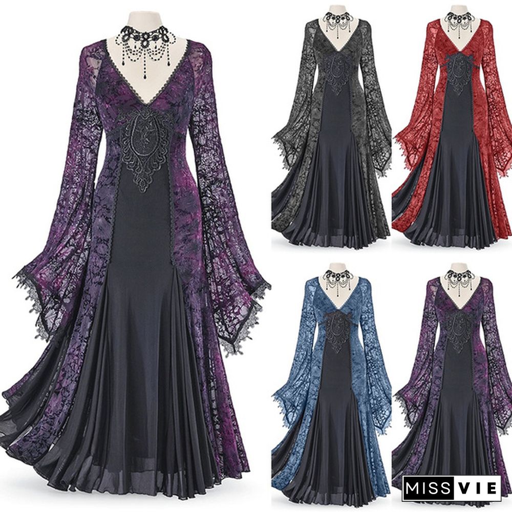 S-5Xl Women's Fashion Vintage Medieval Deep V Neck Lace Maxi Dress No Necklace Lady Floor Length Renaissance Gothic Dress Witch Vampire Cosplay Costume Halloween Party Dress