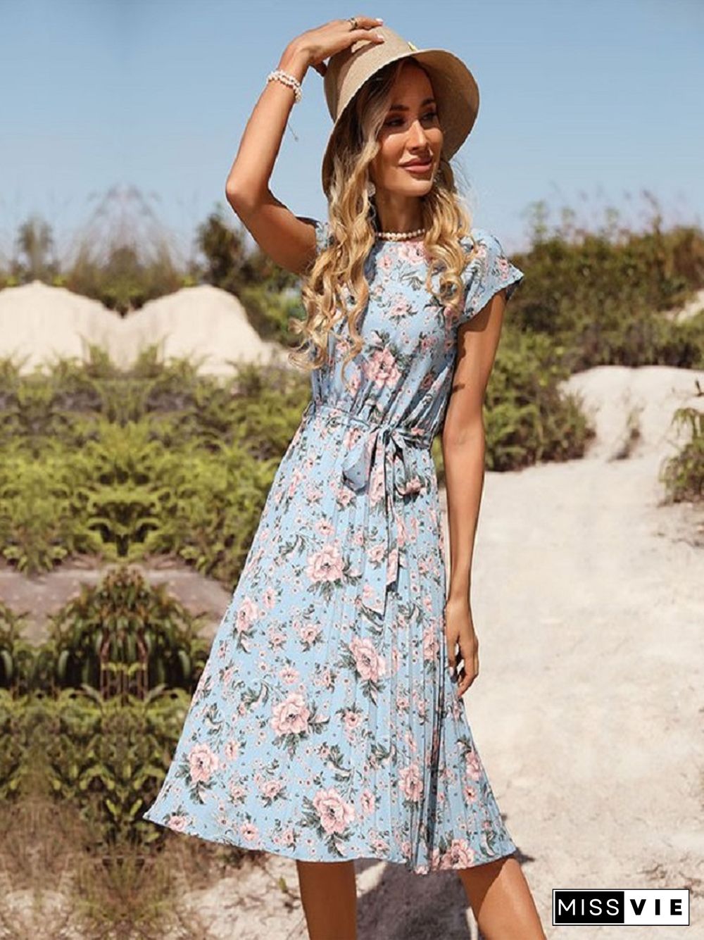 Blue Flower Print Holiday Dress