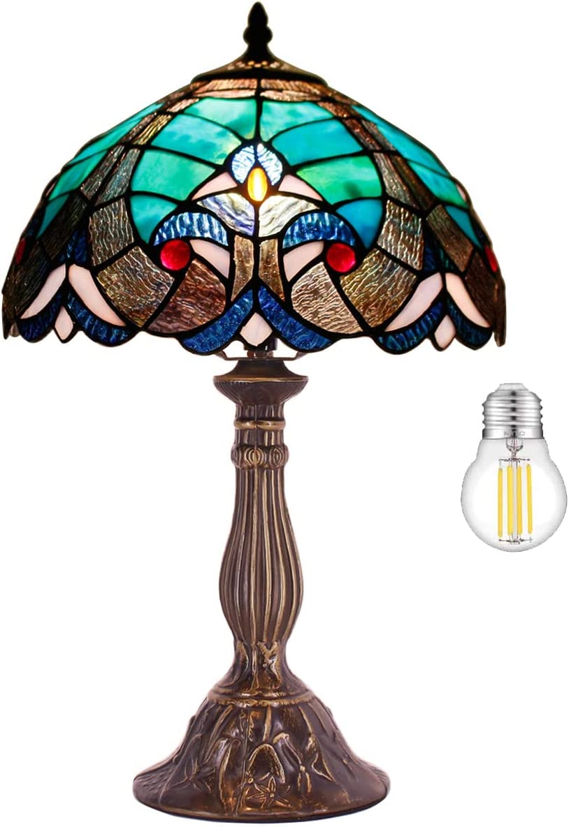 SHADY Tiffany Style Lamp Green Liaison Stained Glass Bedside Table Lamp Reading Desk Light 12X12X18 Inches Decor Nightstand Bedroom Living Room Home Office S160G Series