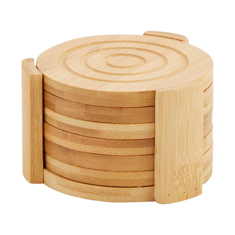 Set of 6  Wood Coasters with Holder for Coffee Table， Hot Drinks， Housewarming Gifts (4.3 Inches)