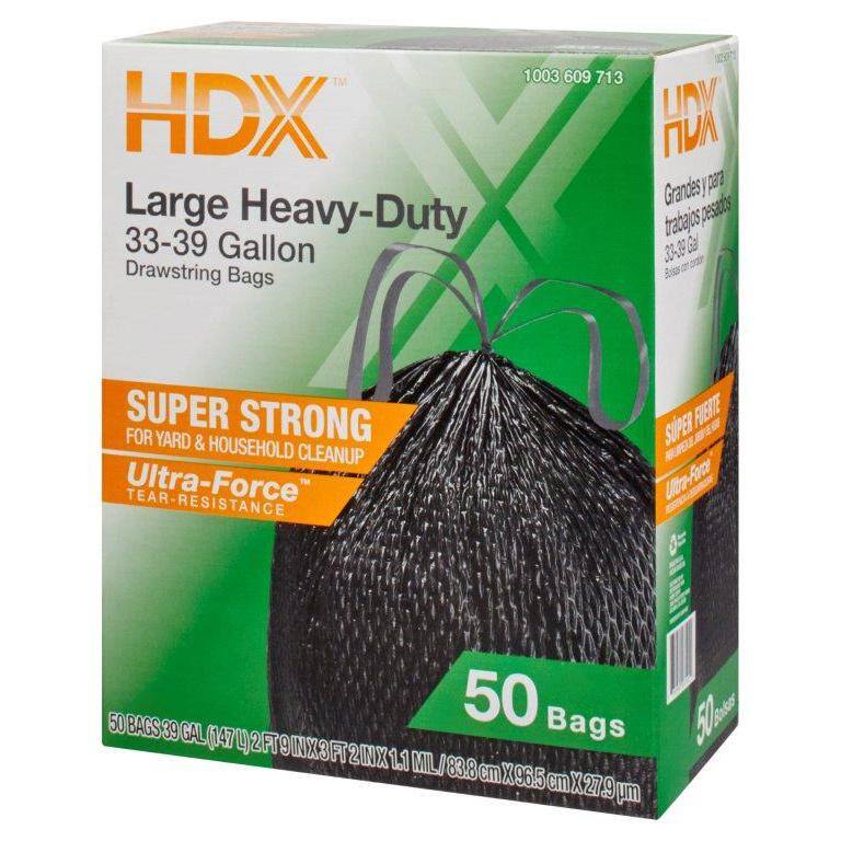 HDX 33-39 Gal. Black Heavy Duty Drawstring Trash Bags (50-Count) - For Outdoor and Yard Waste HDX3339