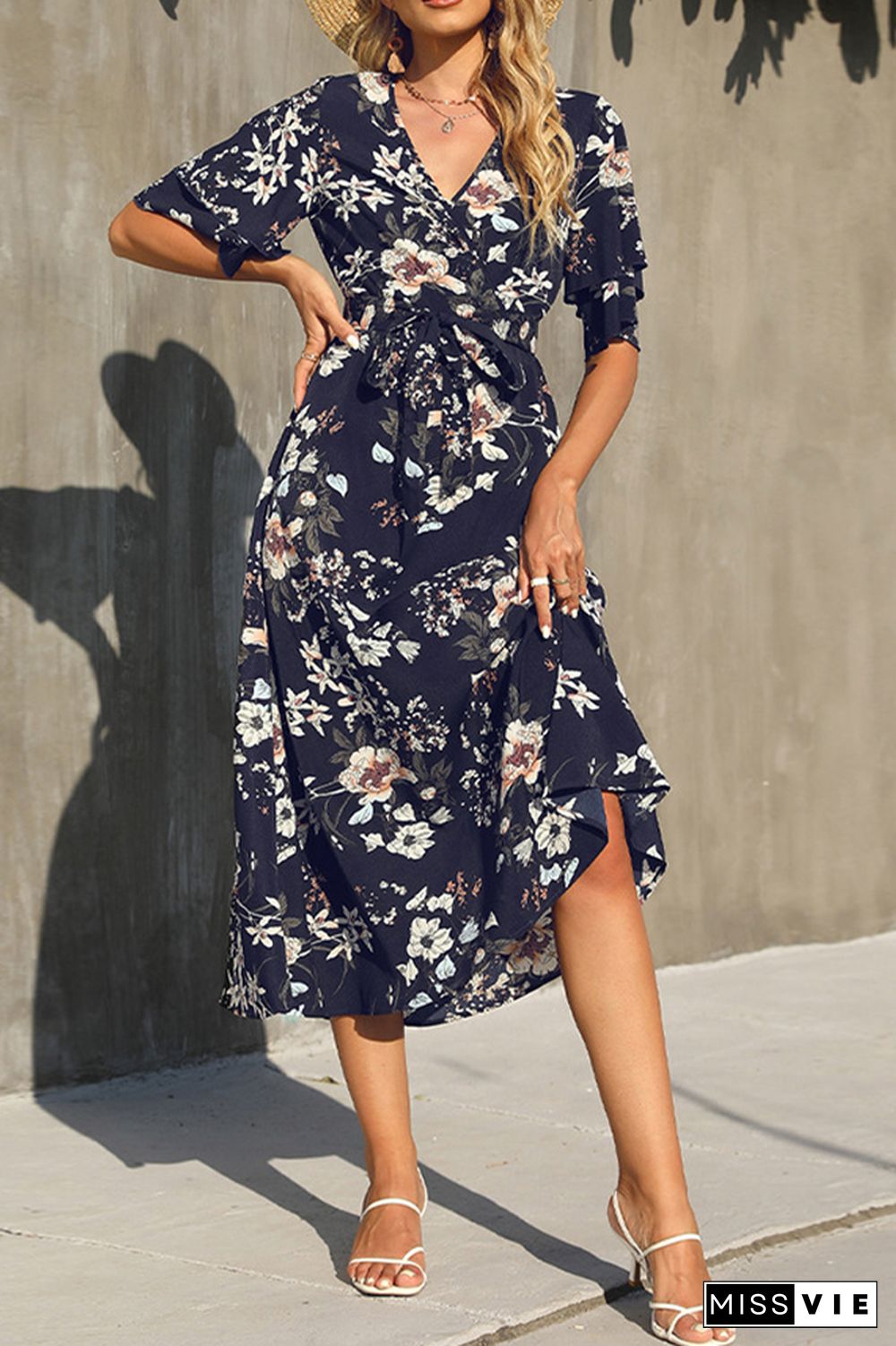 Floral Print V-neck Tie Waist Maxi Dress Wholesale