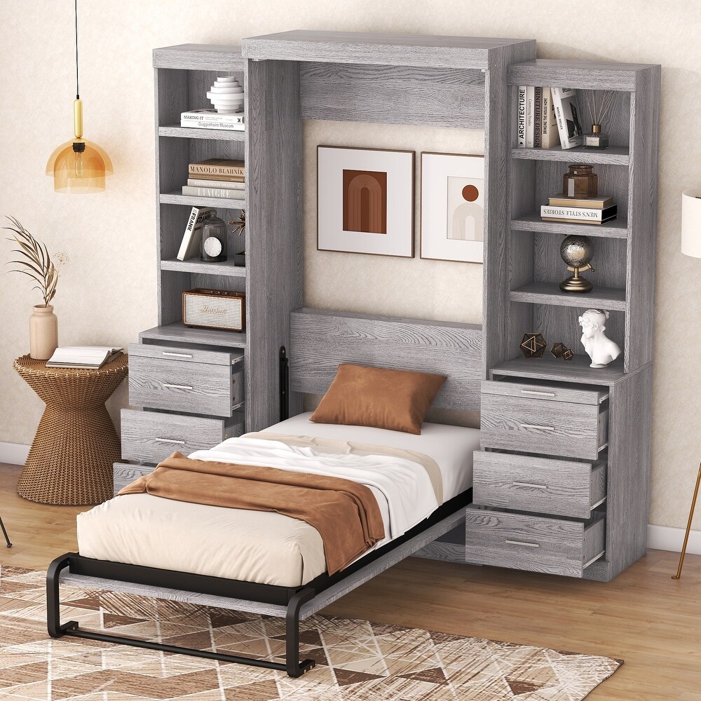 Modern Murphy Bed with Storage Shelves   Drawer  Wall Bed Can Be Folded into a Cabinet  for Bedroom  Living Room or Home Office