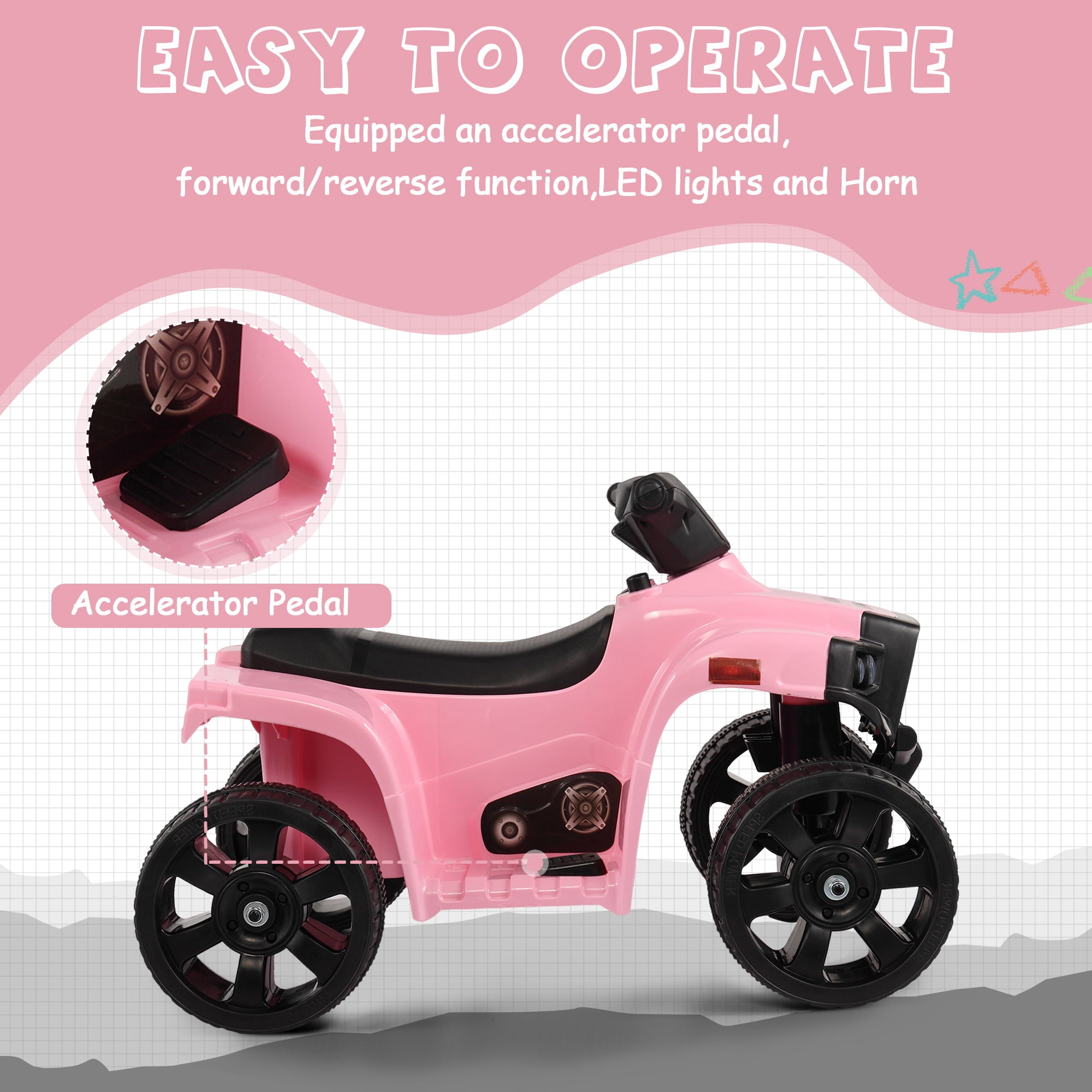 TOBBI 6V Kids Ride on ATV Quad Car 4-Wheeler Electric Toy Car W/ LED Headlight, Horn Speed Indicator, Pink