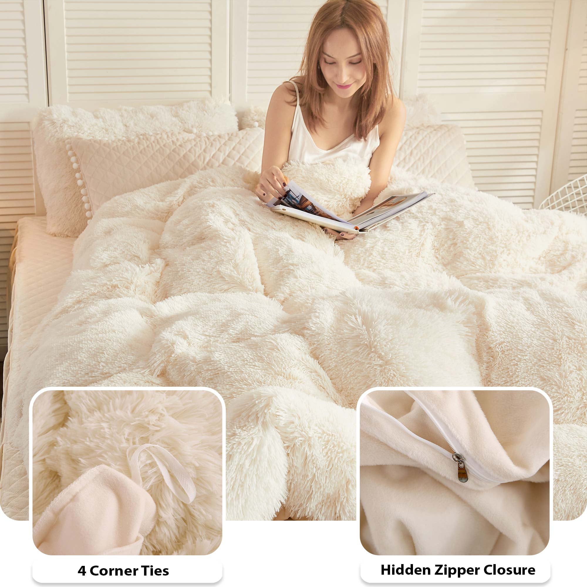 LIFEREVO 3 Pieces Luxury Plush Shaggy Faux Fur Duvet Cover Set(1 Fluffy Fuzzy Comforter Cover + 2 Pompoms Fringe Quilted Pillow Covers) Furry Bedding Set， Zipper Closure， Queen Size， Beige