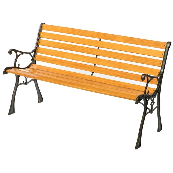 Wooden Outdoor Park Patio Garden Yard Bench Steel Armrest Legs