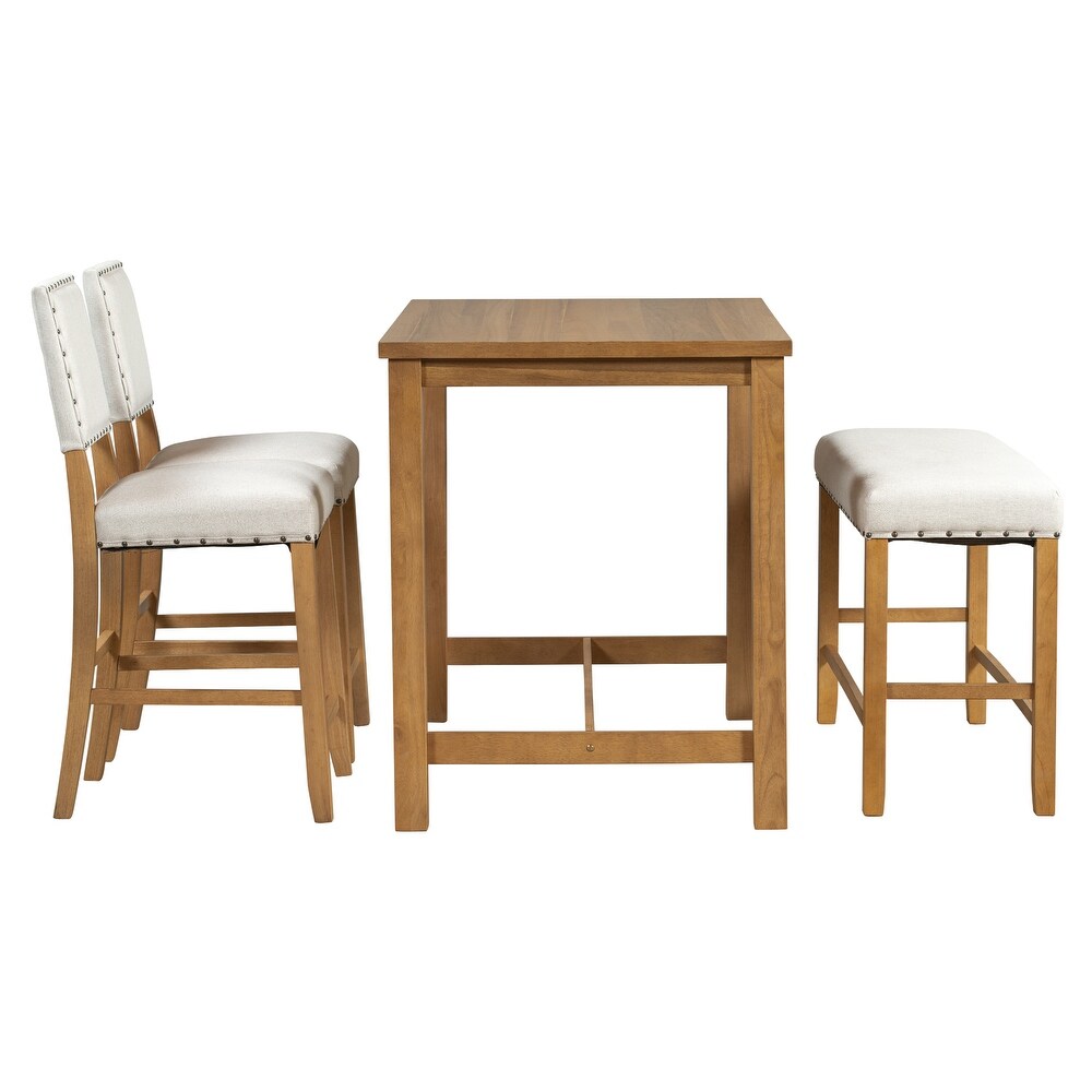 4 Piece Rustic Wooden Counter Height Dining Table Set with Upholstered Bench for Small Places