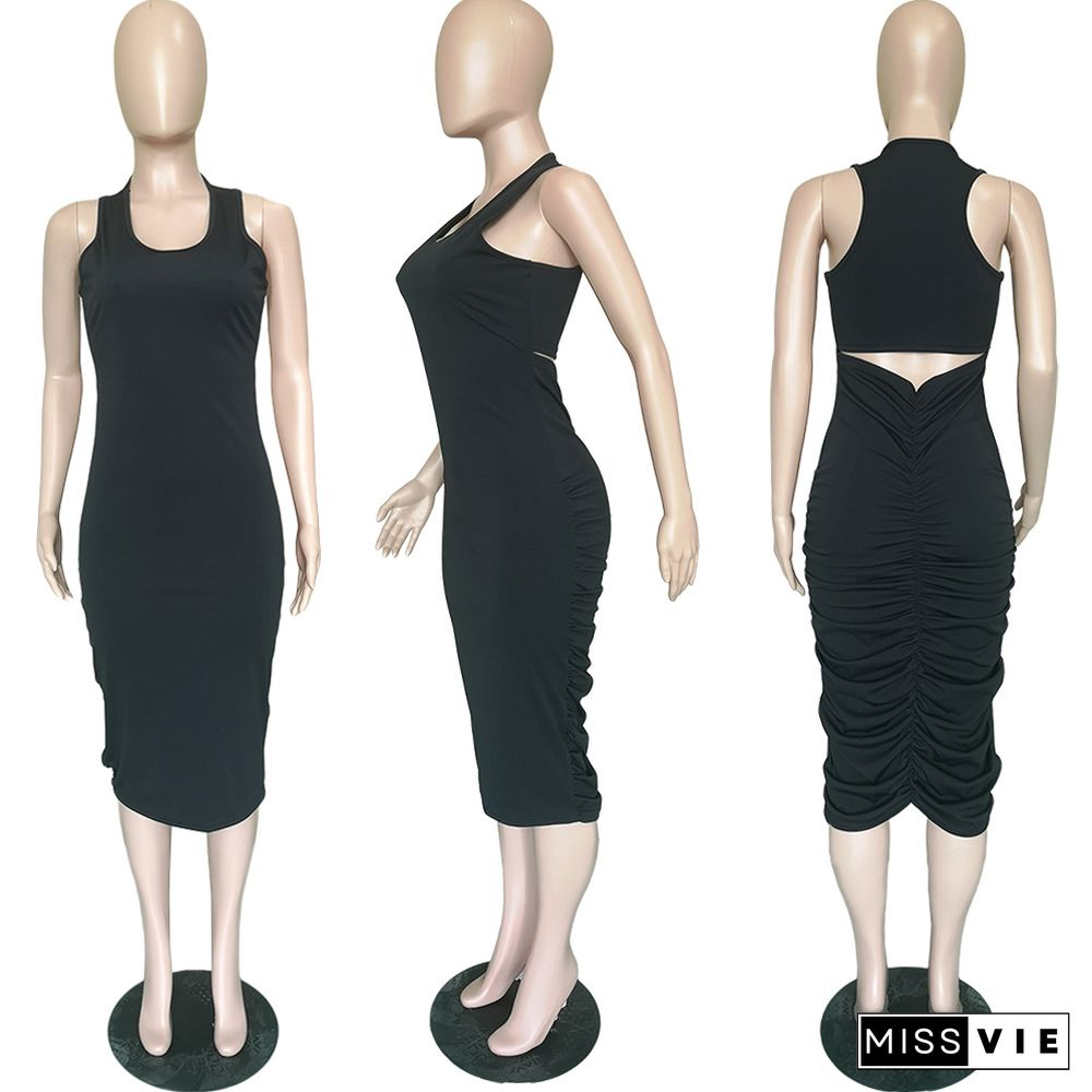 Sexy Cut Out Sleeveless Folds Black Bodycon Maxi Dress