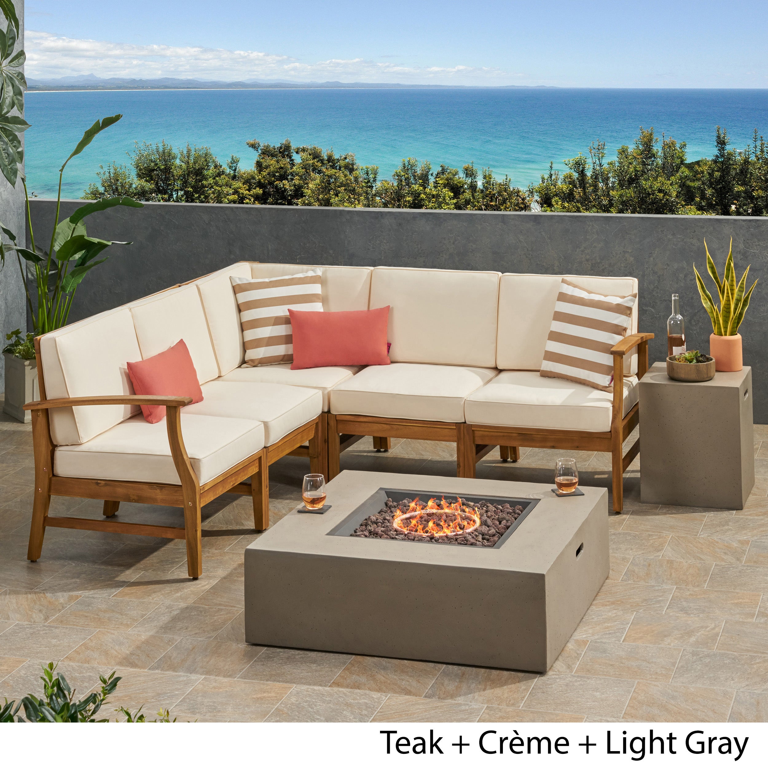 Nyeemah Outdoor 5 Seater V-Shaped Acacia Wood Sofa Set with Square Fire Table and Tank