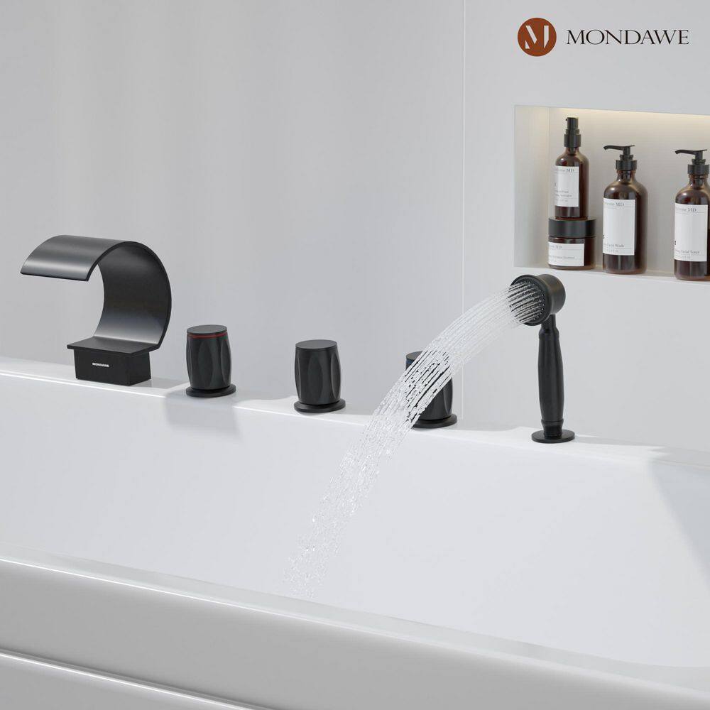 Mondawe Fabian 3-Handle Waterfall Wide-Spray High Pressure Tub and Shower Faucet in Matte Black With Valve WF-5934-BL