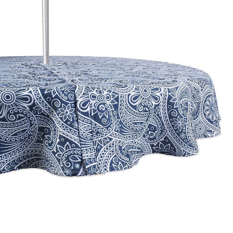 60 Zippered Round Outdoor Tablecloth with Printed Blue Paisley Design