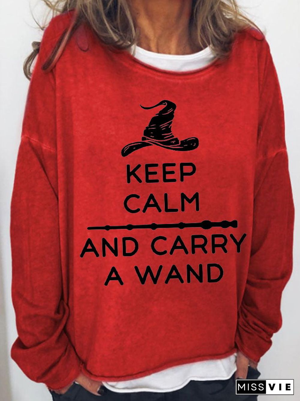 Women's Keep Calm & Carry a Wand Print Long Sleeve Sweatshirt