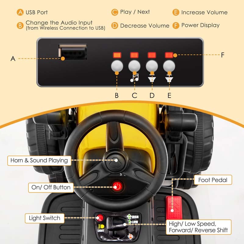 12V Kids Ride On Road Roller with Drum Roller, Battery Powered Electric Tractor RC Construction Vehicle