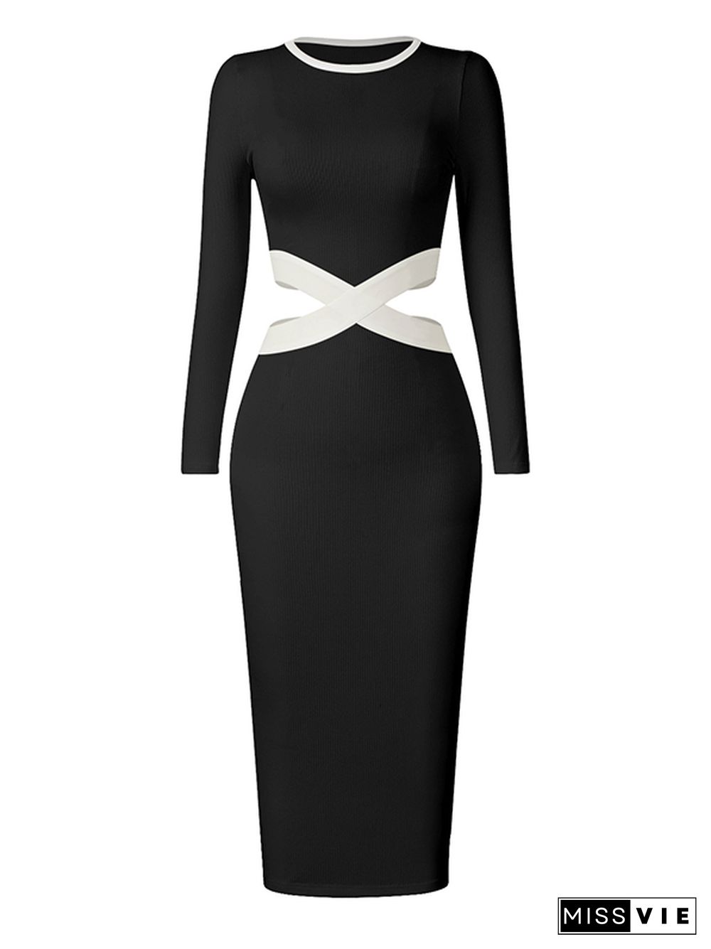 High Waisted Long Sleeves Hollow Round-Neck Midi Dresses