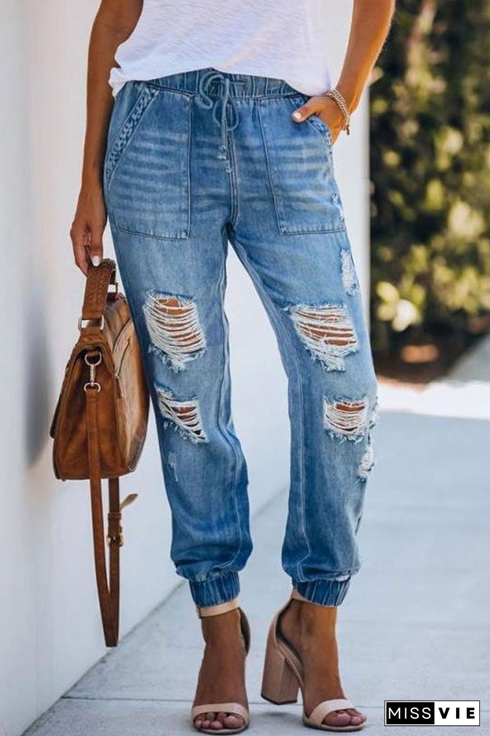 Casual High Waist Broken Holes Loose Jeans