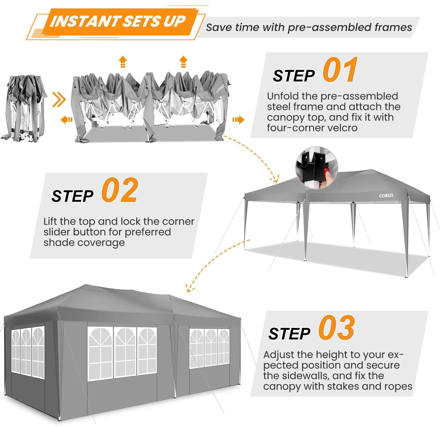 10' x 20' EZ Pop Up Canopy Tent Party Tent Outdoor Event Instant Tent Gazebo with 6 Removable Sidewalls and Carry Bag, Gray