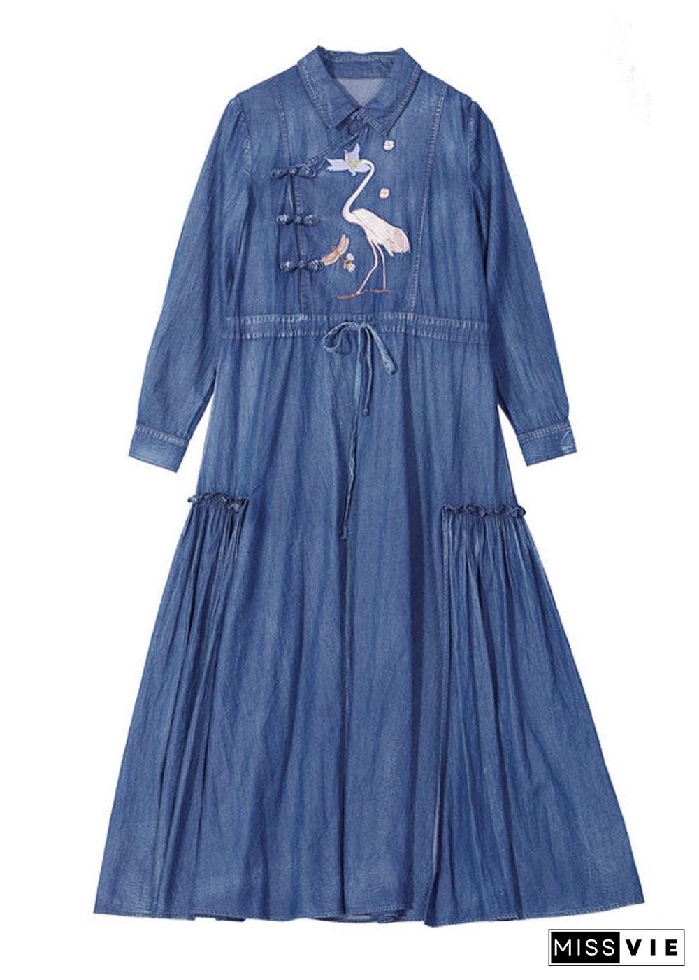 Plus Size Blue drawstring wrinkled Peter Pan Collar Embroideried Patchwork Cotton Maxi Dresses Long Sleeve