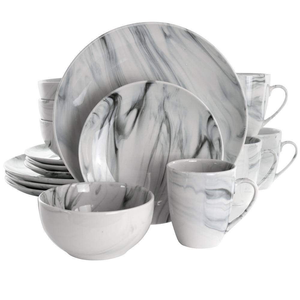 Elama 16-Piece Fine Marble Black and White Stoneware Dinnerware Set (Service for 4) 985114800M