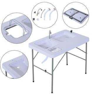 Outsunny 40 in. Portable Folding Easy-Clean Camping Dish Sink with Faucet and 2 Water Basins for Backyard Parties and Events A20-033