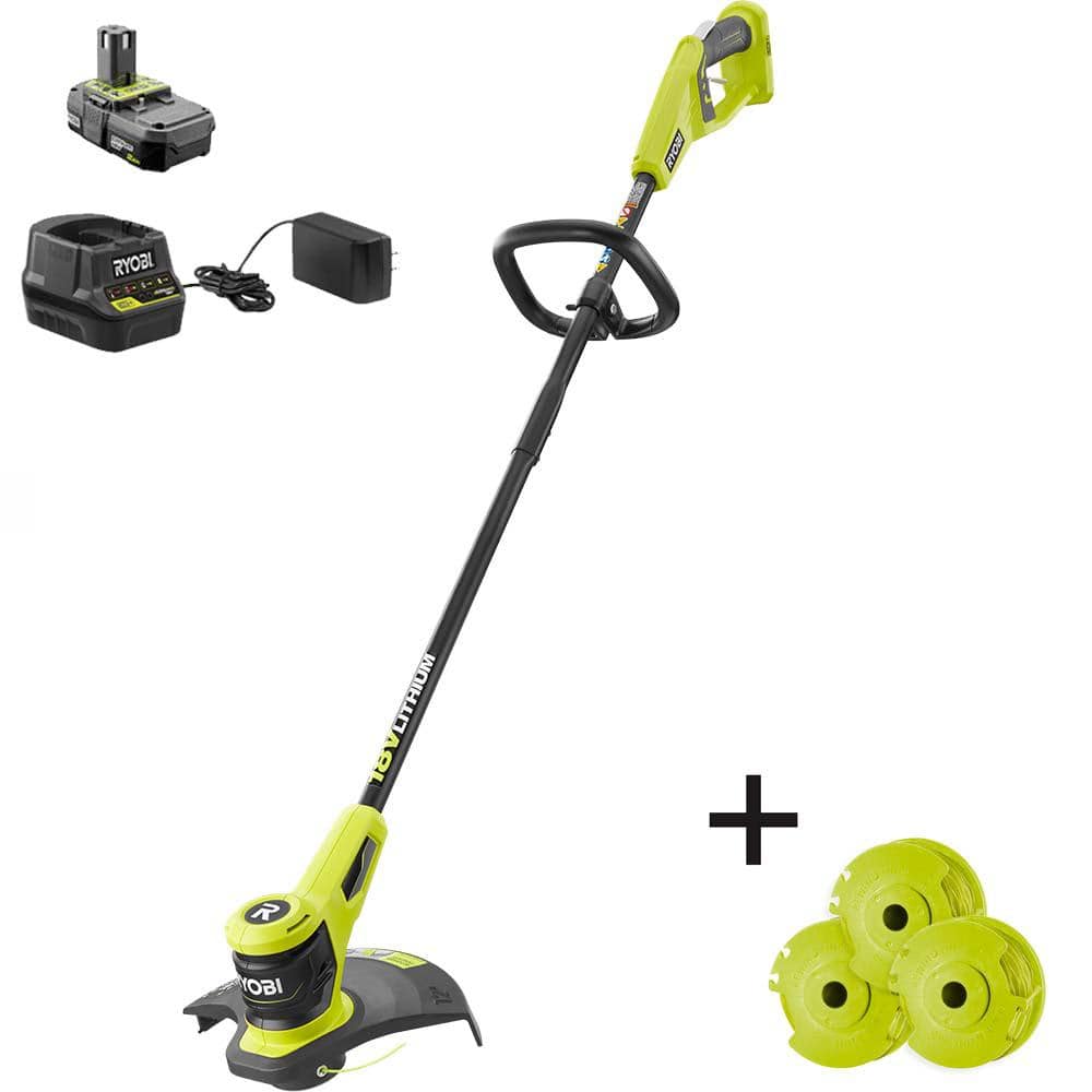 RYOBI P20100-AC ONE+ 18V 12 in. Cordless Battery String Trimmer with Extra 3-Pack of Spool， 2.0 Ah Battery and Charger