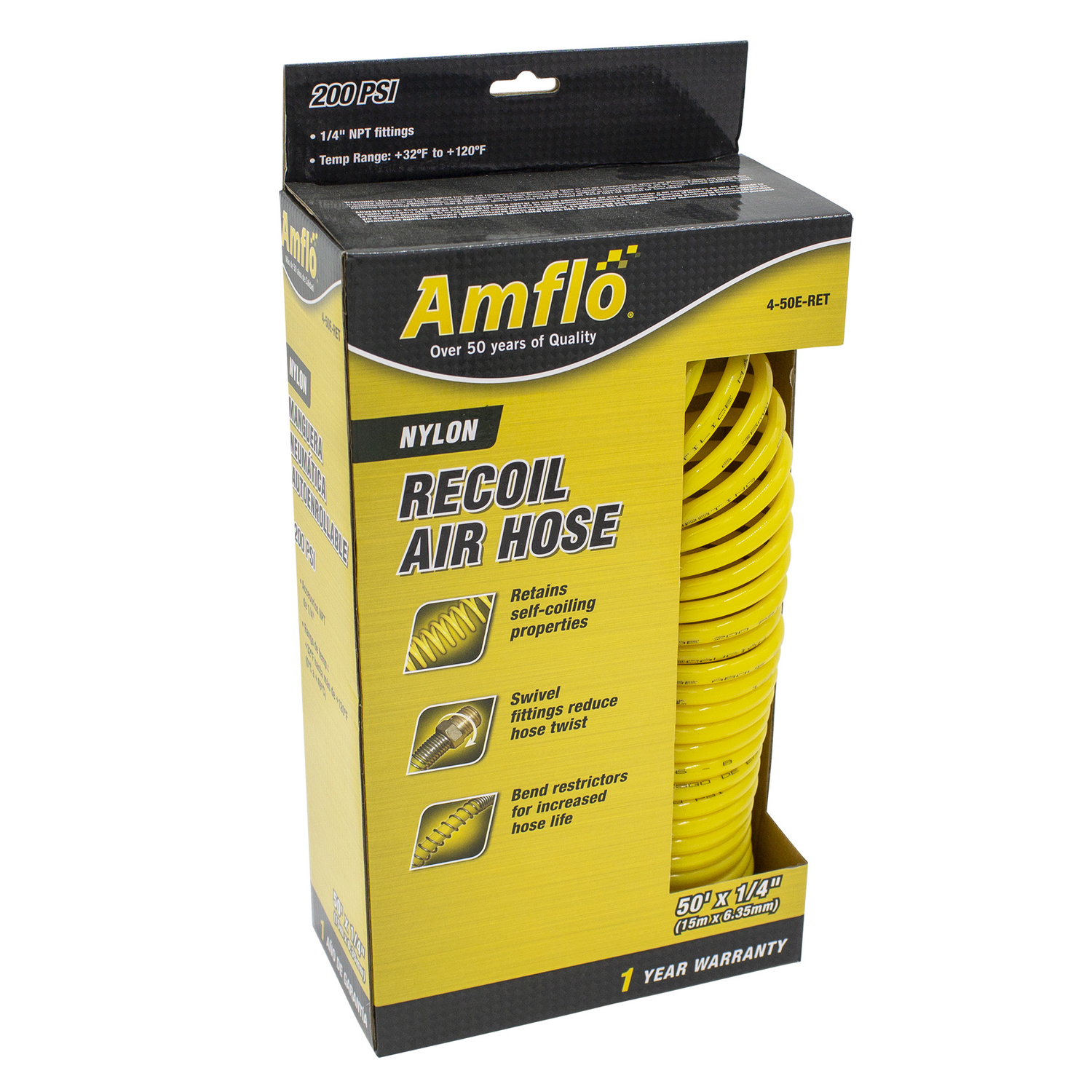 Amflo 50 ft. L X 1/4 in. D Nylon Recoil Air Hose 200 psi Yellow