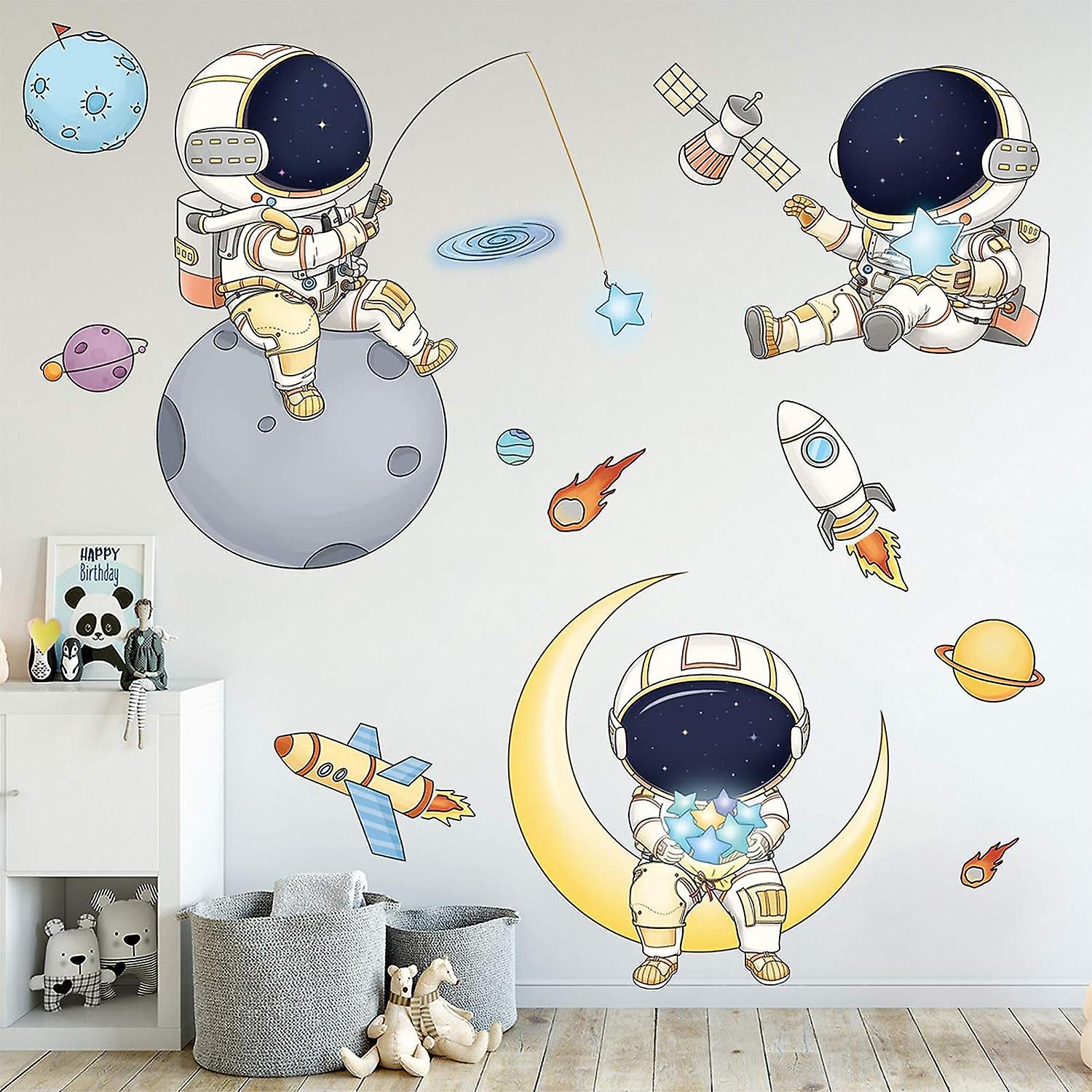Astronaut Wall Stickers For Boys Bedroom， Cartoon Spaceman Outer Planet Creative Diy Art Vinyl Removable Wall Decal， Star Spaceship Ufo Glaxy Wallpape