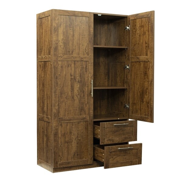 Traditional wooden wardrobe 2 door locker with 2 drawers， adjustable shelves and adult hanging rods， metal handles - - 38105665