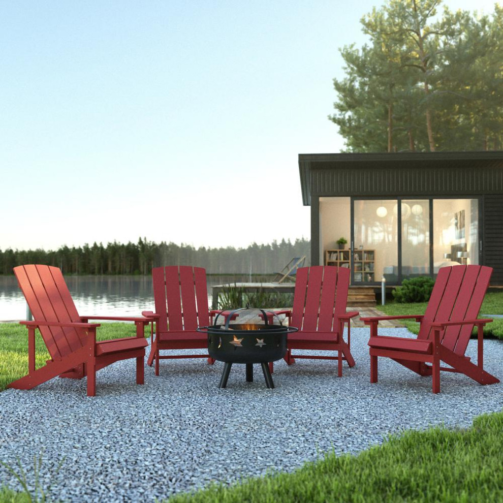 5 Piece Charlestown Red Poly Resin Wood Adirondack Chair Set with Fire Pit  ...   Contemporary   Outdoor Lounge Sets   by Pot Racks Plus  Houzz